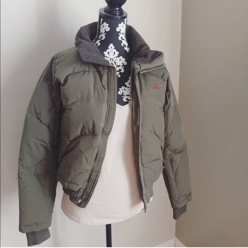 Olive green North Face puffer jacket